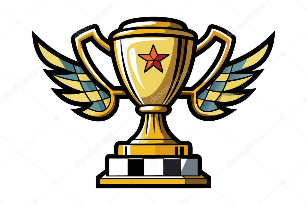 A stylized golden championship trophy with checkered flag design.