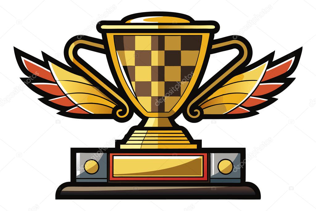 A stylized golden championship trophy with checkered flag design.