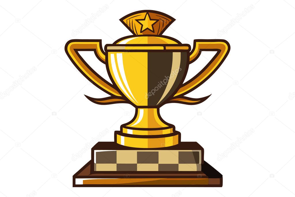 A stylized golden championship trophy with checkered flag design.