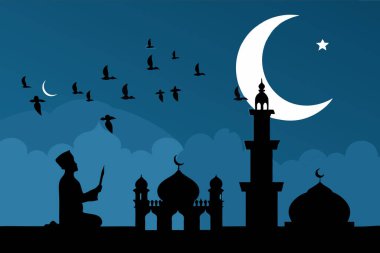 Gece bir caminin silueti, içinde hilal ve kuşlar var, Ramazan ayı için mükemmel..