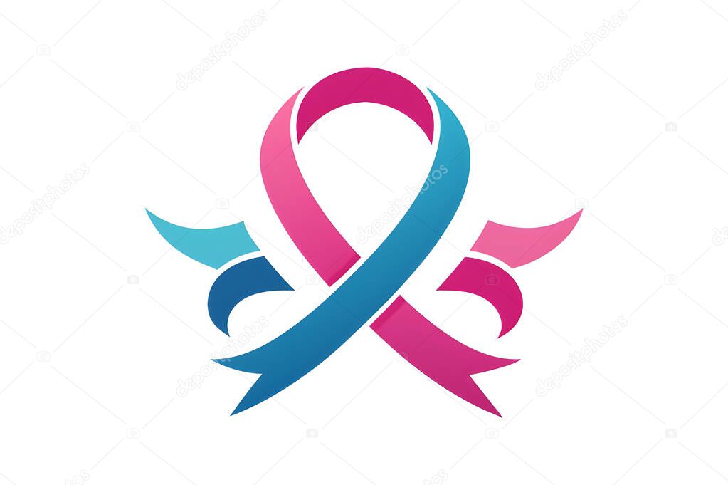 Pink ribbon logo design with laurel wreath for breast cancer awareness.