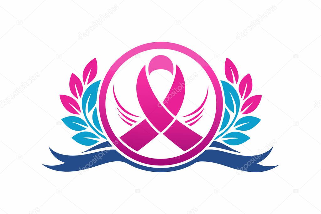 Pink ribbon logo design with laurel wreath for breast cancer awareness.