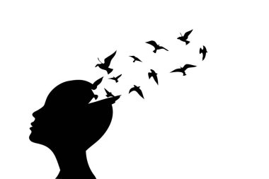 Kafasında kuşlar uçuşan, düşünce özgürlüğünü temsil eden bir kadının silüeti..