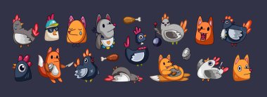 A series of whimsical and humorous characters depicting foxes and chickens, some interacting with food like eggs and drumsticks on a dark background, vector illustration clipart