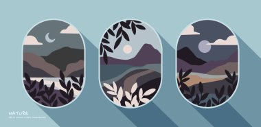 A vibrant series of three framed nature flat lay scenes, blue and violet mountain landscapes under a glowing sky, featuring bold foliage silhouettes clipart