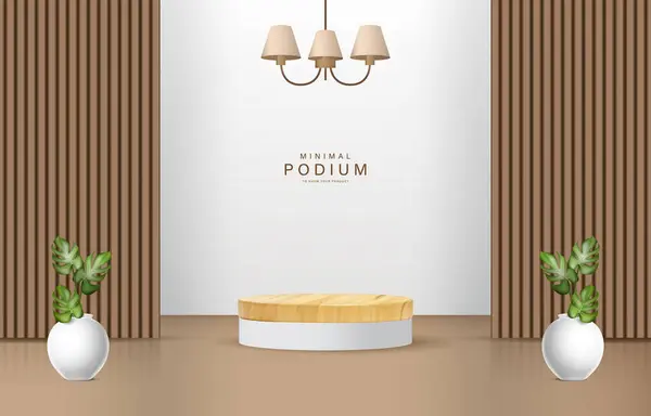 Minimalist Tahta Podyum Beyaz Arkaplan ve Kahverengi Kapalı Duvarlar