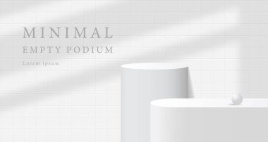 Gerçekçi beyaz küp şeklinde standı ya da podyum seti olan soyut beyaz 3D oda. Ürün sunumu için asgari duvar sahnesi. Vektör geometrik platform tasarımı. Gösteri için sahne. Basit ve temiz..