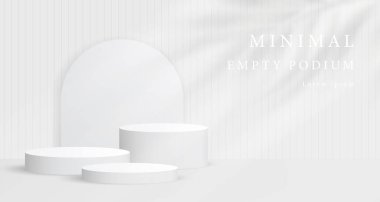 Gerçekçi beyaz silindir kaide seti ve palmiye yaprağı gölgesi olan soyut beyaz 3D oda. Ürün sunumu için en küçük sahne. Vektör geometrik platform. Gösteri için sahne.
