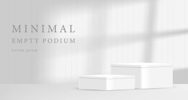 Gerçekçi beyaz silindir kaide seti ve pencere gölgesi kaplamalı soyut beyaz 3D oda. Ürün sunumu için en küçük sahne. Vektör geometrik formları taklit eder. Gösteri için sahne.