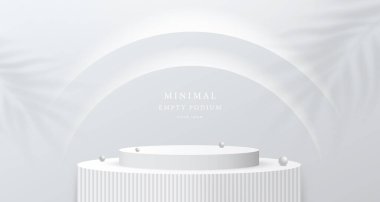 Soyut parlak gümüş silindir kaide podyumu. Bilimkurgu beyaz oda konsepti, yarı daire parlak neon ışıklı. Vektör sunumu 3D şekil, Ürün gösterimi. Gelecekçi duvar sahnesi.