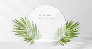 Tesisatçı çarşaflı yuvarlak buzlu cam çerçeveli 3D podyum. Kozmetik ürünlerini sergilemek için boş bir podyumun minimalist gerçekçi görüntüsü.