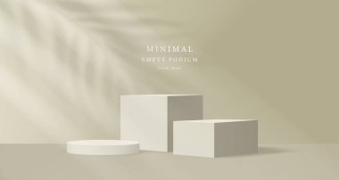 Gerçekçi bej 3D küp ve doğal ışık arka planlı silindir podyum kaidesi seti. Ürünler için asgari duvar sahnesi sahne gösterisi, promosyon gösterisi. Platform vektör geometrik form grup tasarımı.