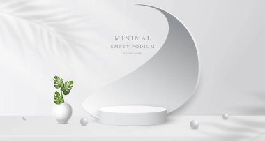 3 boyutlu gerçekçi lüks podyum tezgahı, spiral dekor elementleriyle dekorasyon, beyaz top ve beyaz vazo, beyaz arka planda güneş ışığı olan palmiye yaprakları.