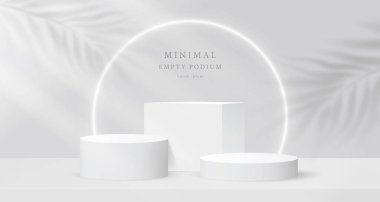 3 boyutlu beyaz silindirik podyum kaidesi, küp şeklindeki boş duvar sahnesi. Minimum model ya da soyut ürün sunumu, sahne gösterisi. Platformlar vektör geometrik tasarımı