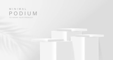 Gerçekçi 3D yuvarlak köşeli küp kürsüsü, beyaz, gri renkli sahne. Vektör soyut geometrik platformlar tasarımı. Duvar minimumu sahne kozmetik ürünleri sahne gösterisi, Banner tanıtım ekranı.