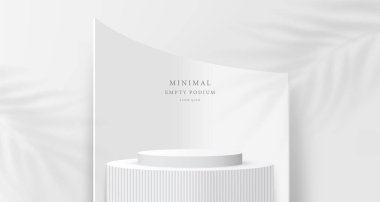 Beyaz sütun sahnesinde gerçekçi beyaz silindirik ürün podyumu. Soyut lüks minimal 3D model, Ürün sunumu, sahne gösterisi. Platformlar vektör geometrik tasarımı.
