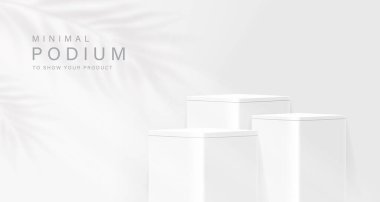 Gerçekçi 3D yuvarlak köşeli küp kürsüsü, beyaz, gri renkli sahne. Vektör soyut geometrik platformlar tasarımı. Duvar minimumu sahne kozmetik ürünleri sahne gösterisi, Banner tanıtım ekranı.