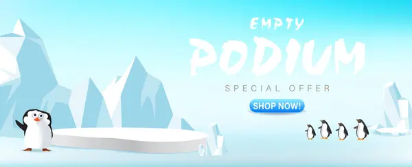 Podyum buz adası, buz dağı, penguen, piramit buzu ada pankartı tasarımı arka plan, EPS 10 vektör illüstrasyonu