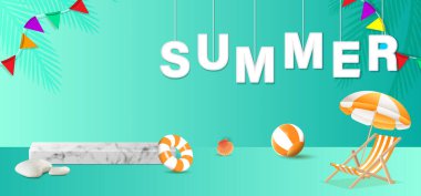 Merhaba yazının 3 boyutlu vektörü mavi temalı plaj topları ve deniz ve mavi gökyüzü ile sahilde servis ediliyor..