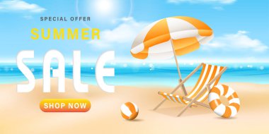 Merhaba yazının 3 boyutlu vektörü mavi temalı plaj topları ve deniz ve mavi gökyüzü ile sahilde servis ediliyor..