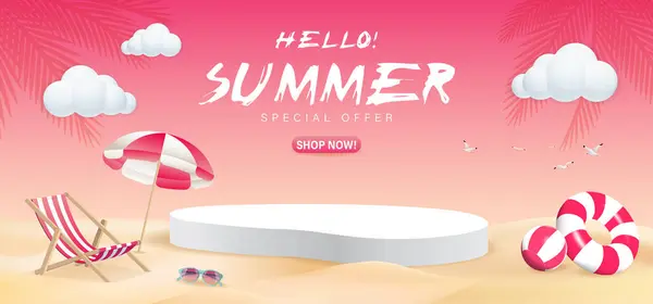 3D canlandırıcı Renkli Yaz tanıtım afişi. Yaz tropikal plaj titreşimleri dekorasyonu pembe arka plan.