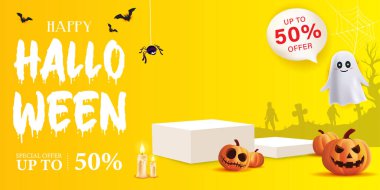 Mutlu Cadılar Bayramı podyumu, balkabağı, mum, beyaz hayalet ve sarı pankart dizaynlı yarasa