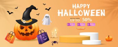 Cadılar Bayramı Satış Posteri şablonu, Cadılar Bayramı balkabakları, şirin hayalet, kupon, alışveriş çantası. Web sitesi hortlağı ya da afiş şablonu. Vektör illüstrasyonu