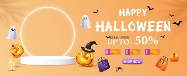 Cadılar Bayramı Satış Posteri şablonu, Cadılar Bayramı balkabakları, şirin hayalet, kupon, alışveriş çantası. Web sitesi hortlağı ya da afiş şablonu. Vektör illüstrasyonu