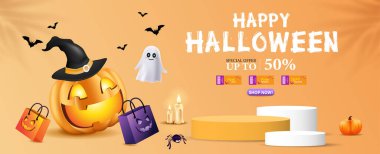 Cadılar Bayramı Satış Posteri şablonu, Cadılar Bayramı balkabakları, şirin hayalet, kupon, alışveriş çantası. Web sitesi hortlağı ya da afiş şablonu. Vektör illüstrasyonu
