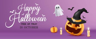 Cadılar Bayramı partisi vektör arkaplan tasarımı. Cadılar bayramı tipografiniz kutlu olsun. Korku bahçesinde hayalet ve Jack O Feneri 'nin olduğu Cadılar Bayramı' nız kutlu olsun. Vektör illüstrasyonu.