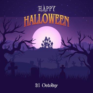 Cadılar bayramı hayaleti, gece sahnesi, dolunay, cadı kalesi, şeytani ağaçlar, mezarlar, zombiler. Mutlu Cadılar Bayramı vektörü korkunç tasarımı. Cadılar Bayramı afişi, parti davetiyesi