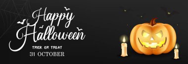 Mutlu Cadılar Bayramı afişleri. Kesik gülüşlü ve uçan yarasalı gerçekçi 3 boyutlu siyah balkabaklarıyla şenlikli bir arka plan. Yatay tatil posteri, web sitesi başlığı. Vektör illüstrasyonu