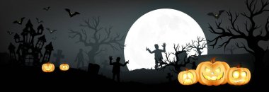 Mutlu Cadılar Bayramı, ağaç korkutucusu, kale, balkabağı, yarasa uçuşu, ay ışığı üzerine hayalet afişi tasarımı koyu mavi arka plan