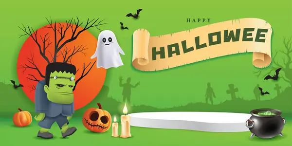 Mutlu Cadılar Bayramı podyumu, Frankenstein, balkabağı, hayalet, mum ve yeşil poster tasarımı arka planında yarasa