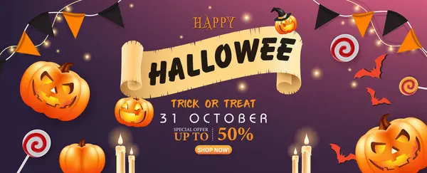 Cadılar Bayramı 'nda kabaklı ve karanlık arka planda Cadılar Bayramı öğeleri olan afiş şablonunuz kutlu olsun. Web sitesi ürkütücü, arkaplan ya da pankart Cadılar Bayramı şablonu