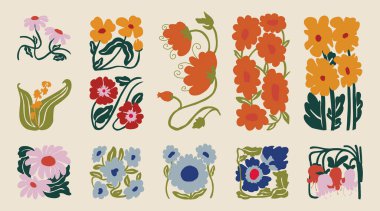 Çiçek karalama arka plan sanat seti. Botanik ve yapraklar soyut şekilli karalama sanat baskı, duvar kâğıdı, kırpma, ev dekorasyonu için duvar sanatı.