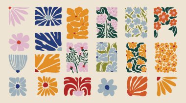 Çiçek karalama arka plan sanat seti. Botanik ve yapraklar soyut şekilli karalama sanat baskı, duvar kâğıdı, kırpma, ev dekorasyonu için duvar sanatı.