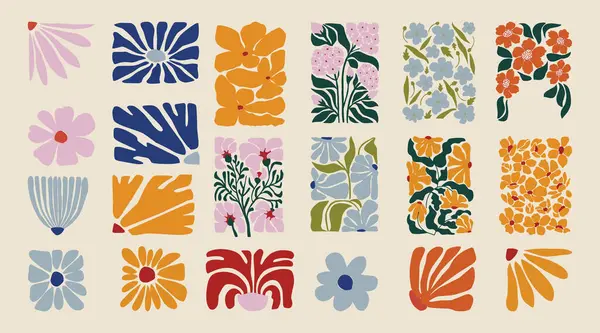 Çiçek karalama arka plan sanat seti. Botanik ve yapraklar soyut şekilli karalama sanat baskı, duvar kâğıdı, kırpma, ev dekorasyonu için duvar sanatı.