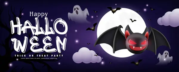 Dolunay, Uçan Yarasalar, Hayaletler ve Yarasa Karakteriyle Karanlık Cadılar Bayramı. 3d poster şablonu