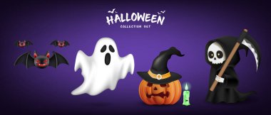 Hayalet, Yarasa, Balkabağı, Mum ve Mor Arkaplanda Azrail 'in oynadığı Sevimli Cadılar Bayramı Karakter Koleksiyonu