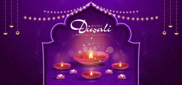 Diya ile Zarif Diwali Festivali Arkaplanı ve Mandala desenli mor arkaplan şablonu