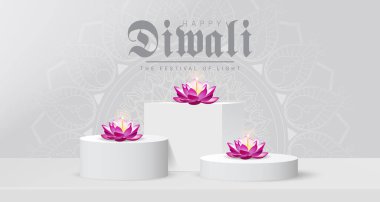 Minimalist Diwali Arkaplanı Beyaz Podyumda Lotus Mumlarıyla