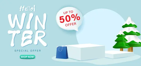 % 50 'ye kadar boş podyum, alışveriş torbası, kar ağacı olan kış indirimi. Kış arkaplanı kar ve kar taneleri ile kış metni ve alışveriş