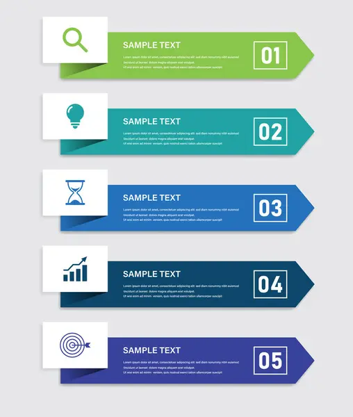 İş Sunumu veya Çalışma Akımı Tasarımı için Simgeler ve Oklarla Modern 5 Adım Bilgi Şablonu