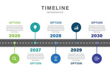 2026 'dan 2030' a kadar Simgeler ve Mil Taşlarıyla Renkli Yatay Zaman Çizelgesi BilgileriName