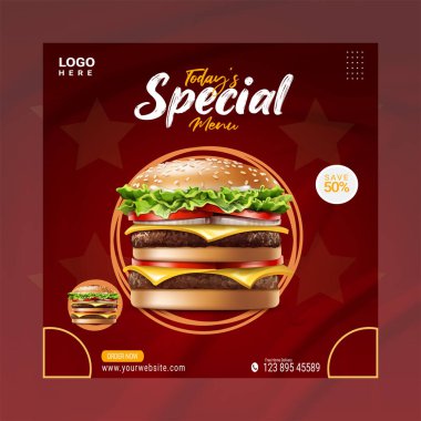 Lezzetli hamburger ve yemek menüsü sosyal medya afişi şablonu