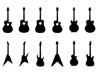 Elektrik ve Akustik Gitar Şekillerinin Siluet Koleksiyonu