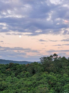 Gökyüzünde dolunay yükselirken, arka planda yeşil bitki örtüsü ve tepelerle çevrili doğal manzara. Alacakaranlıkta gökyüzünün yumuşak renkleri huzurlu ve huzurlu bir atmosfer getirir..