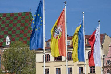 Ulusal ve Avrupa Birliği bayrakları Wroclaw 'da mavi gökyüzü altındaki tarihi binaların önünde direkler üzerinde dalgalanıyor