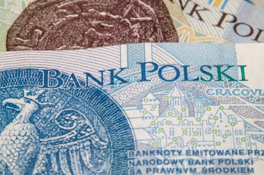 Polonya zloti banknotuna yakın plan, görünür güvenlik detayları, Polski Bankası 'na mesaj, ve ince baskı kalıpları. Finans, para birimi veya ekonomik temalar için makro fotoğraf.